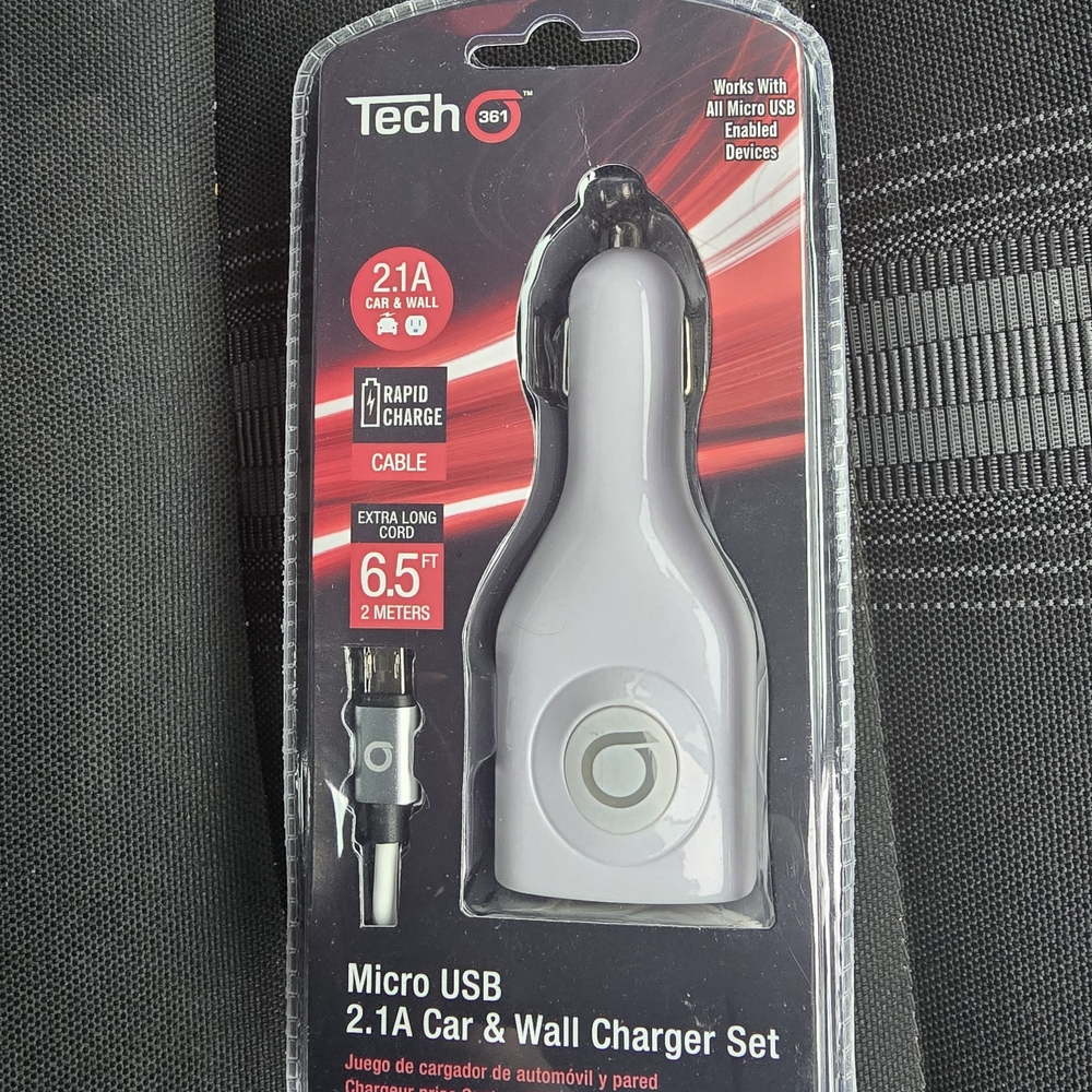 2.1A USB Charge Cord Car and wall Charger Set. cord 6.5 ft long